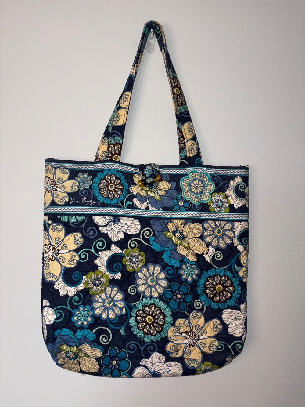 Vera Bradley Navy Floral Quilted Tote with Teal & Cream Accents